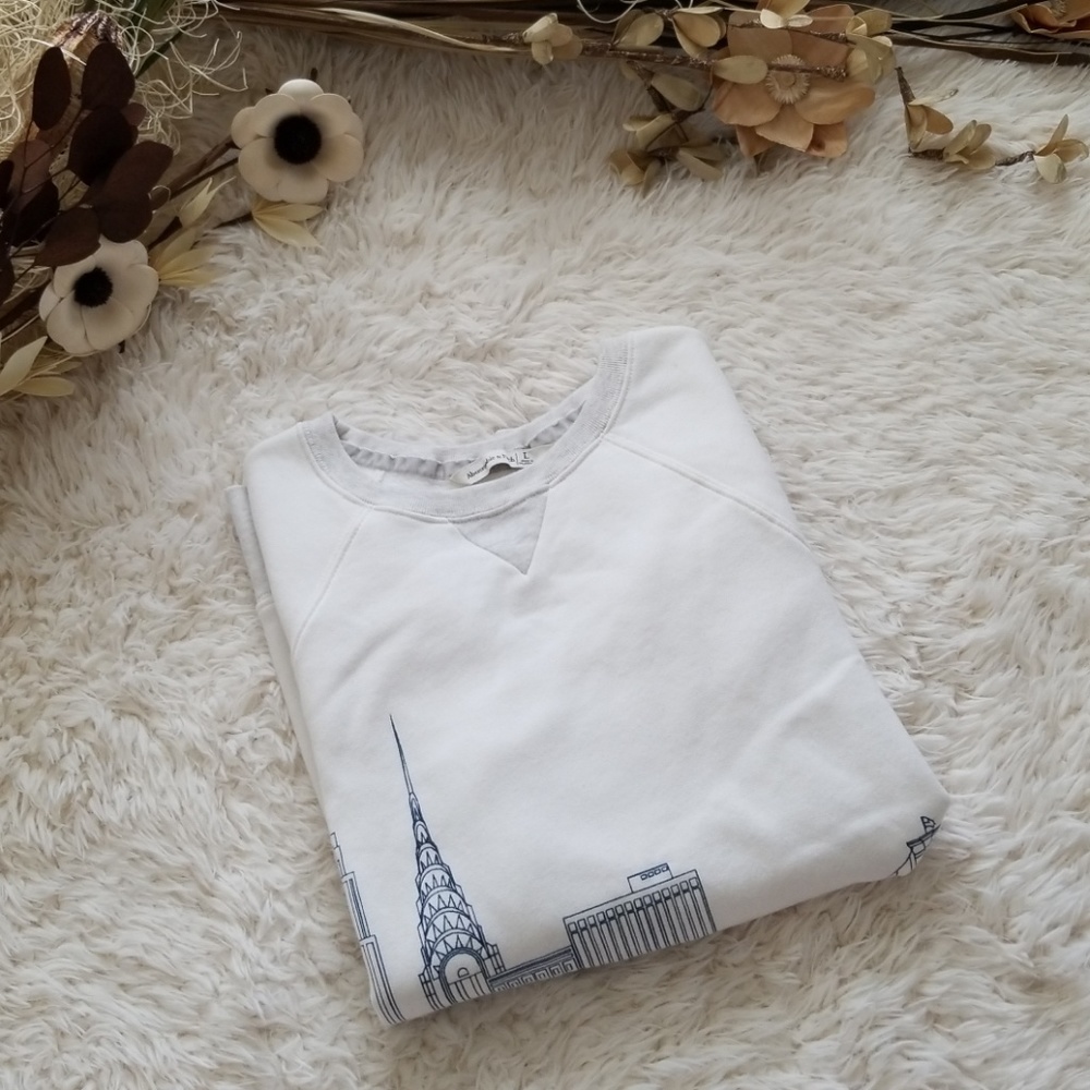 Abercrombie & Fitch White Crewneck Sweatshirt with Navy Skyline Detail